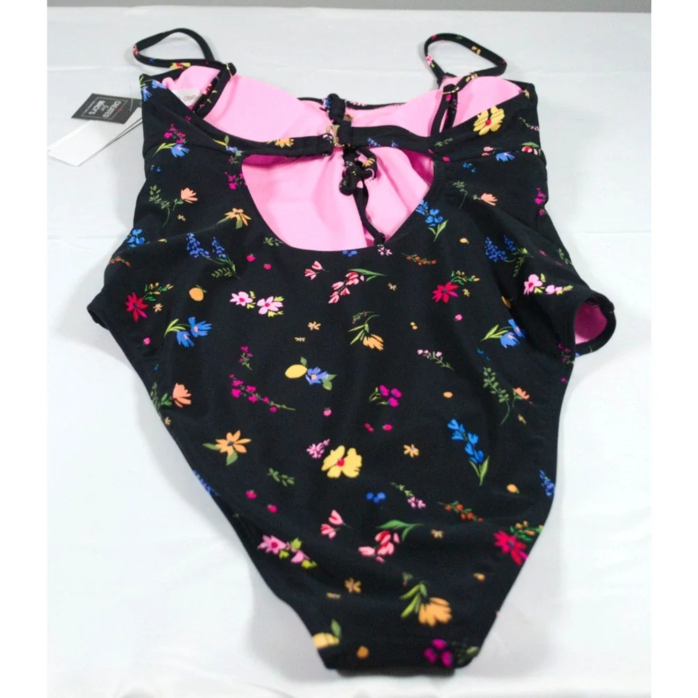 Salt + Cove Women's Floral One-Piece Swimsuit Black Pink Lace-Up Cutout Sz L NEW